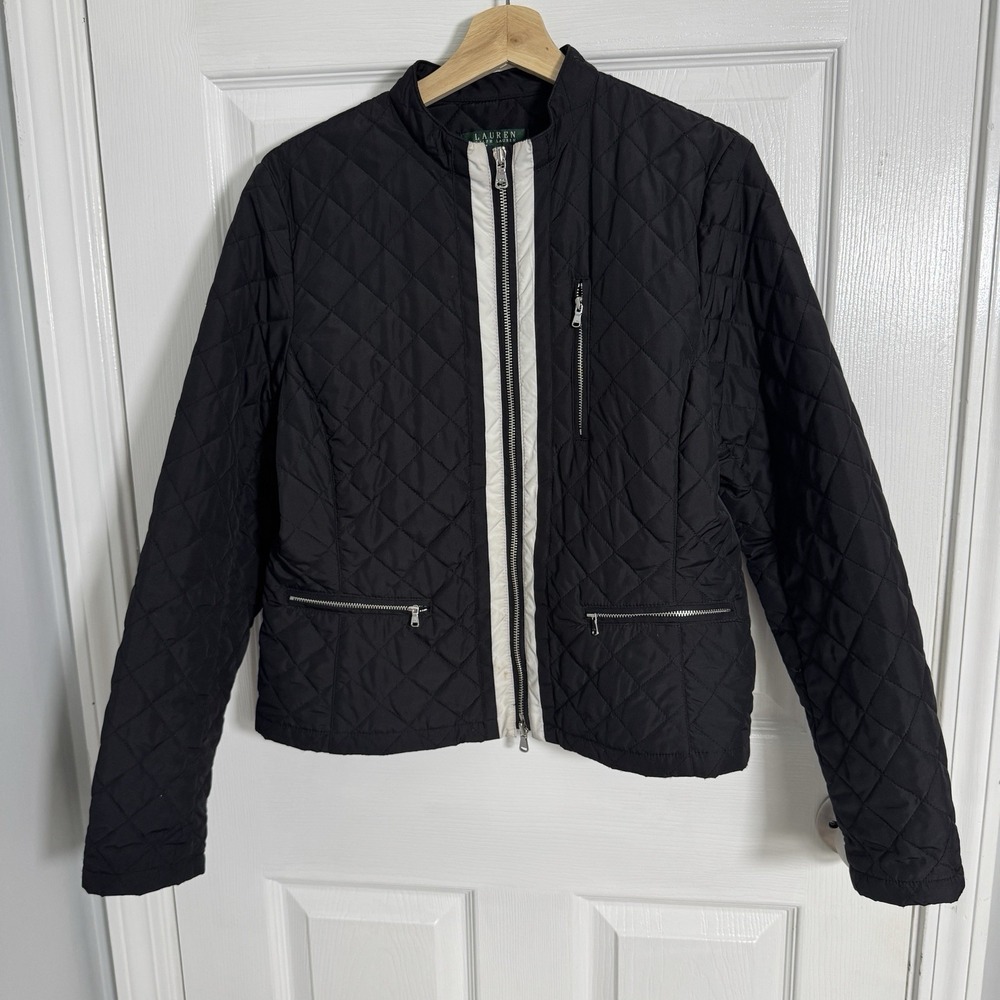 Lauren Ralph Lauren Womens L Black Quilted Jacket Full Zip Lightweight Coat